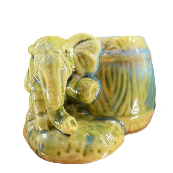 Vintage Majolica Style Pottery Green Elephant Vase Planter Drip Glaze Ceramic - Picture 1 of 15